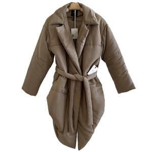 Forever 21 Premium Label Open Front Full Length Quilted Coat Size XS Tan